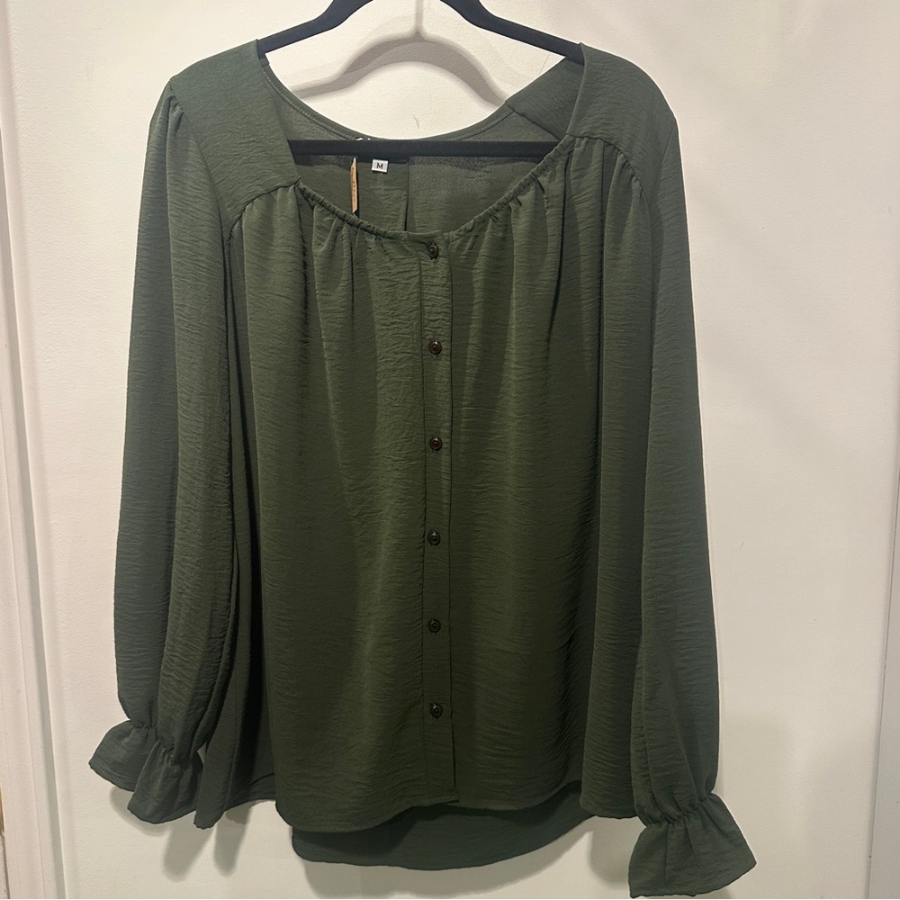 Elegant NEW Olive Green Women's Blouse with ruffle sleeve at wrist - Oversized M